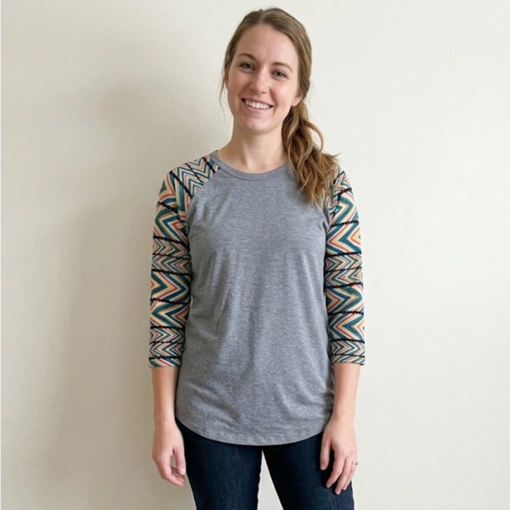 LuLaRoe Gray Top with Colorful Chevron Sleeves